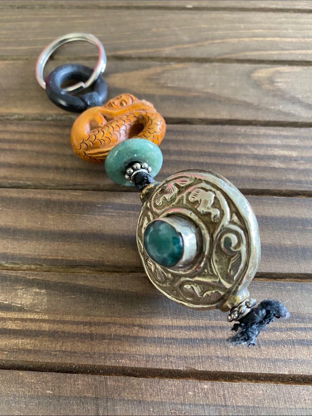 Artisan Carved Mermaid Keychain with Turquoise Accent & Silver Tibetan Pendant